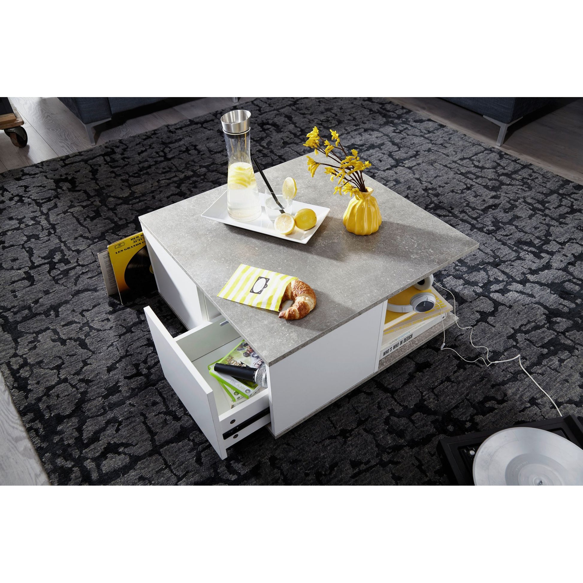 Nancy's Davidson Salontafel - Koffietafel - Vierkant - 2 Lades - Opbergvak - Op Wieltjes - Wit / Grijs - 70 x 70 cm