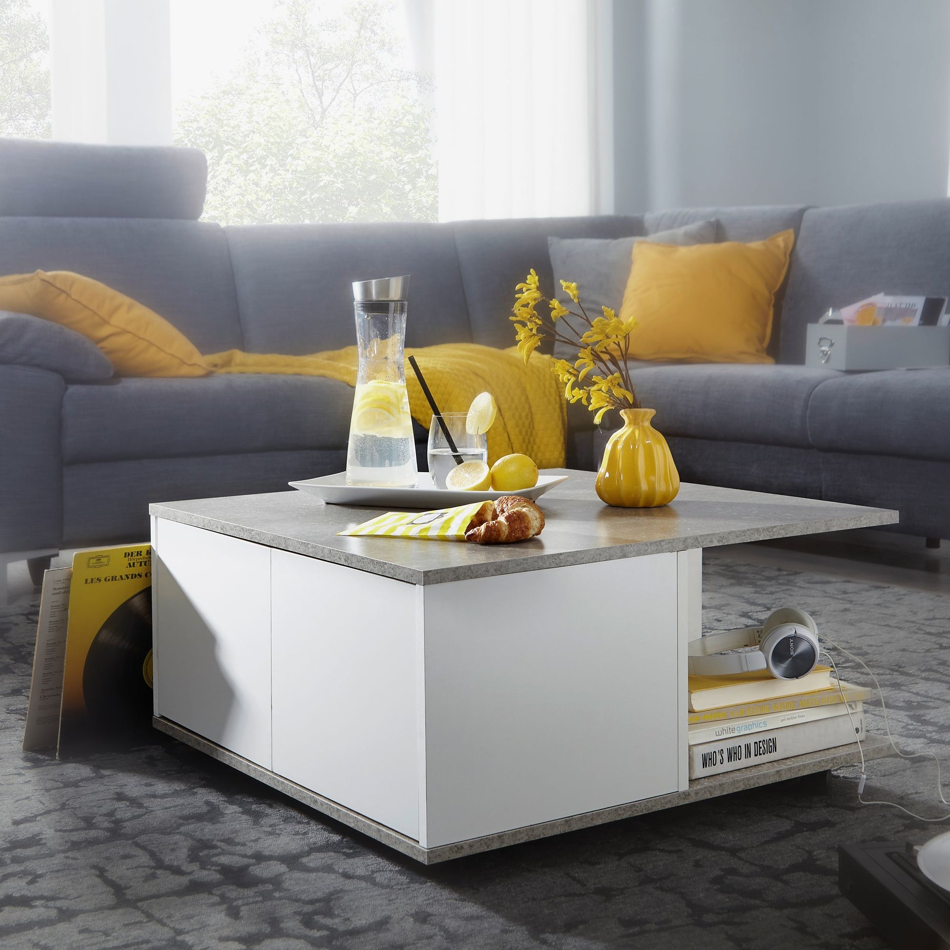 Nancy's Davidson Salontafel - Koffietafel - Vierkant - 2 Lades - Opbergvak - Op Wieltjes - Wit / Grijs - 70 x 70 cm