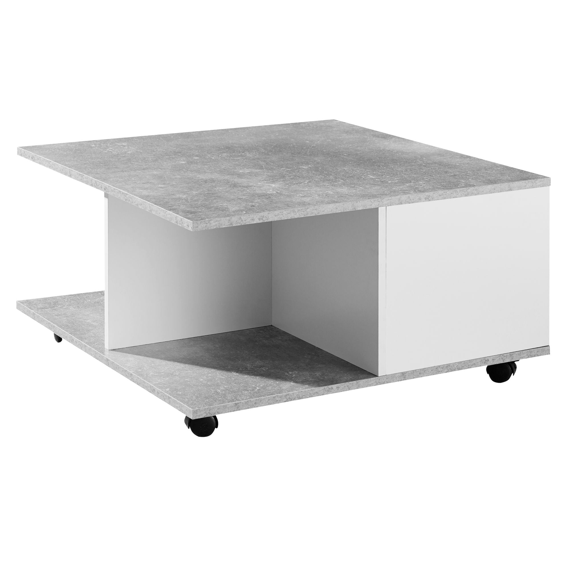 Table basse Davidson de Nancy - Table basse - Carrée - 2 tiroirs - Compartiment de rangement - Sur roulettes - Blanc - Gris ciment - Bois d'ingénierie - 70 x 70 cm
