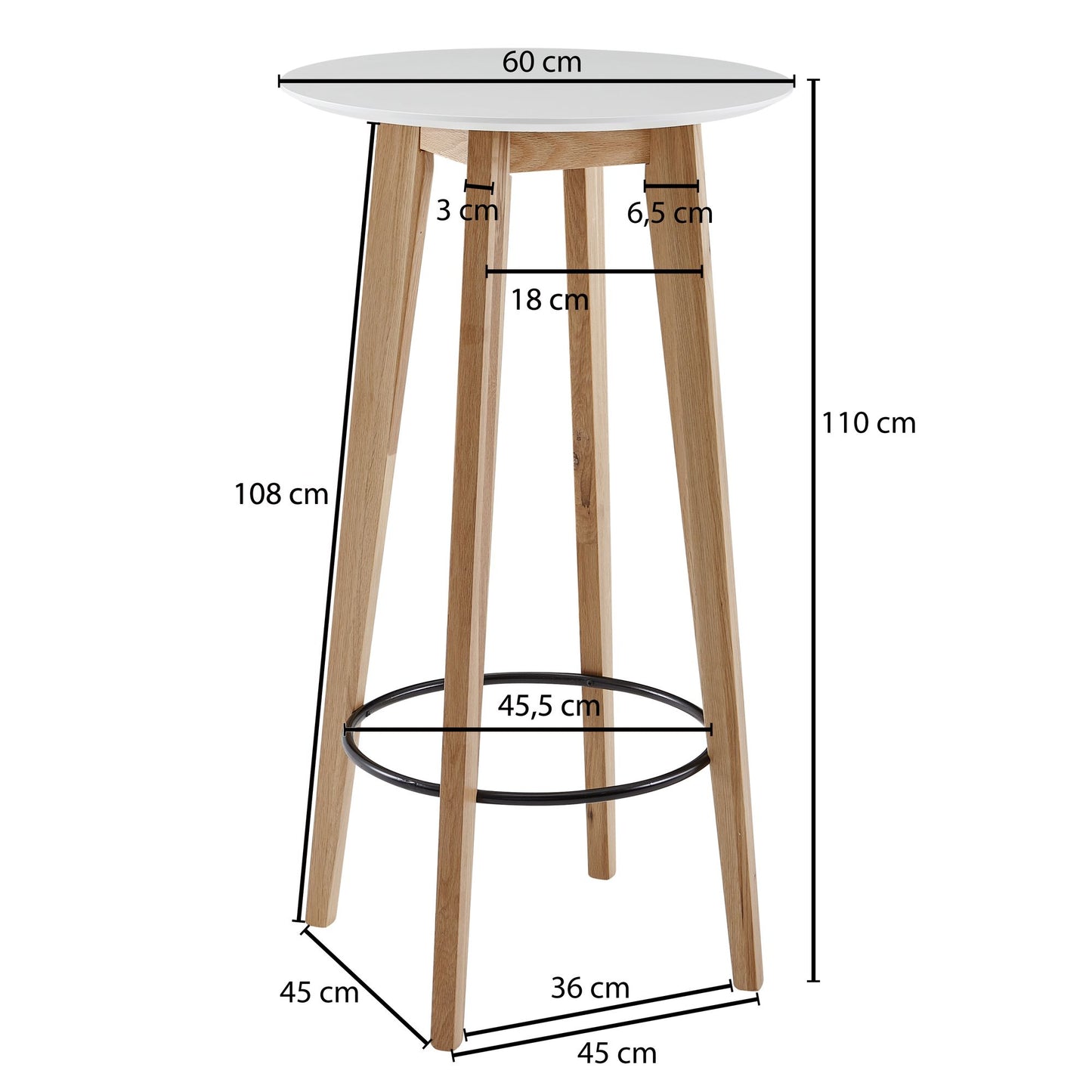 Nancy's Bensville Statafel - Bartafel - Bistrotafel - Hoge Tafel - Rond - Scandinavisch - Eikenhout - Rond - Wit - 60 x 110 x 60 cm