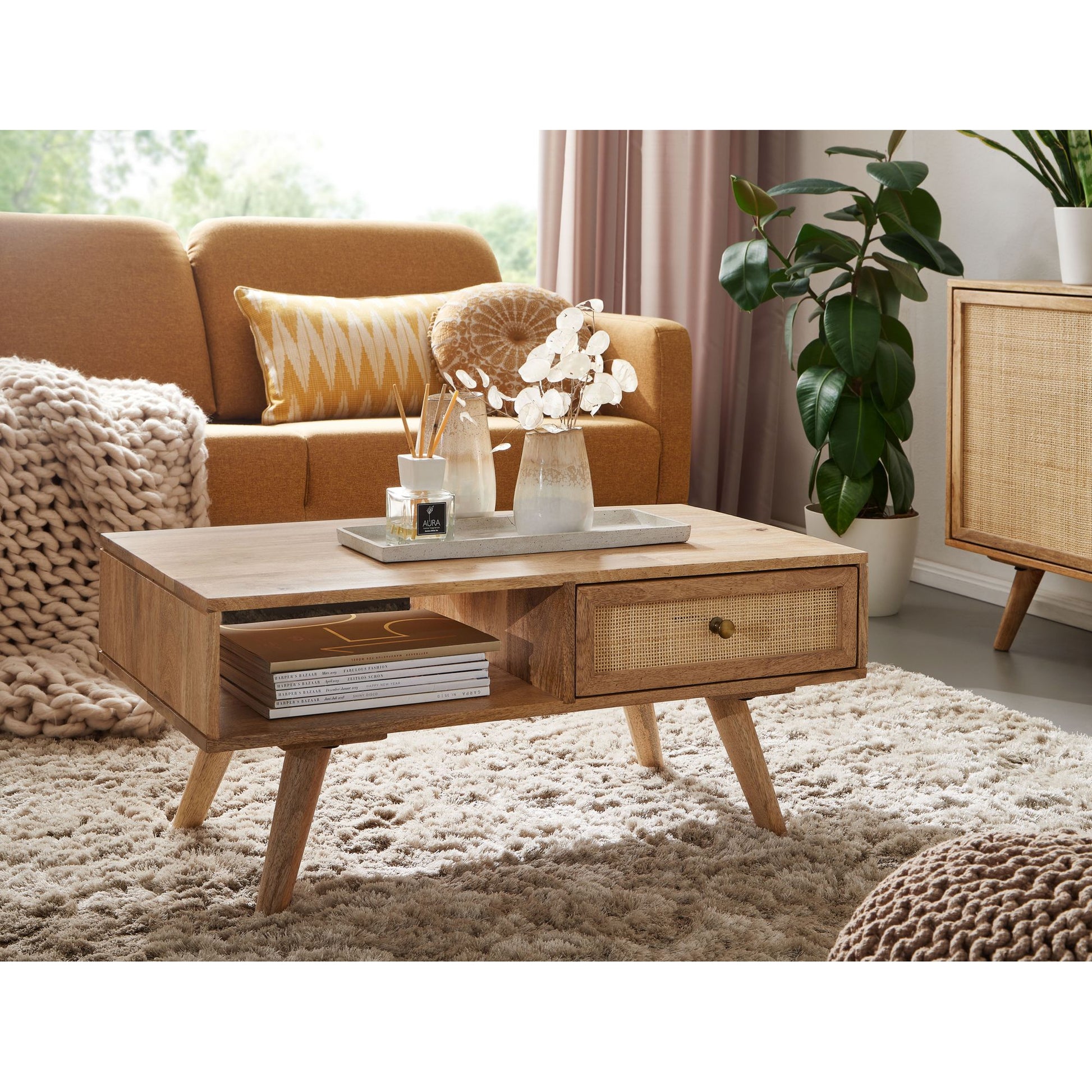 Nancy's Blairsville Salontafel - Koffietafel - Massief Mangohout / Riet Vlechtwerk - 90 x 45 x 40 cm