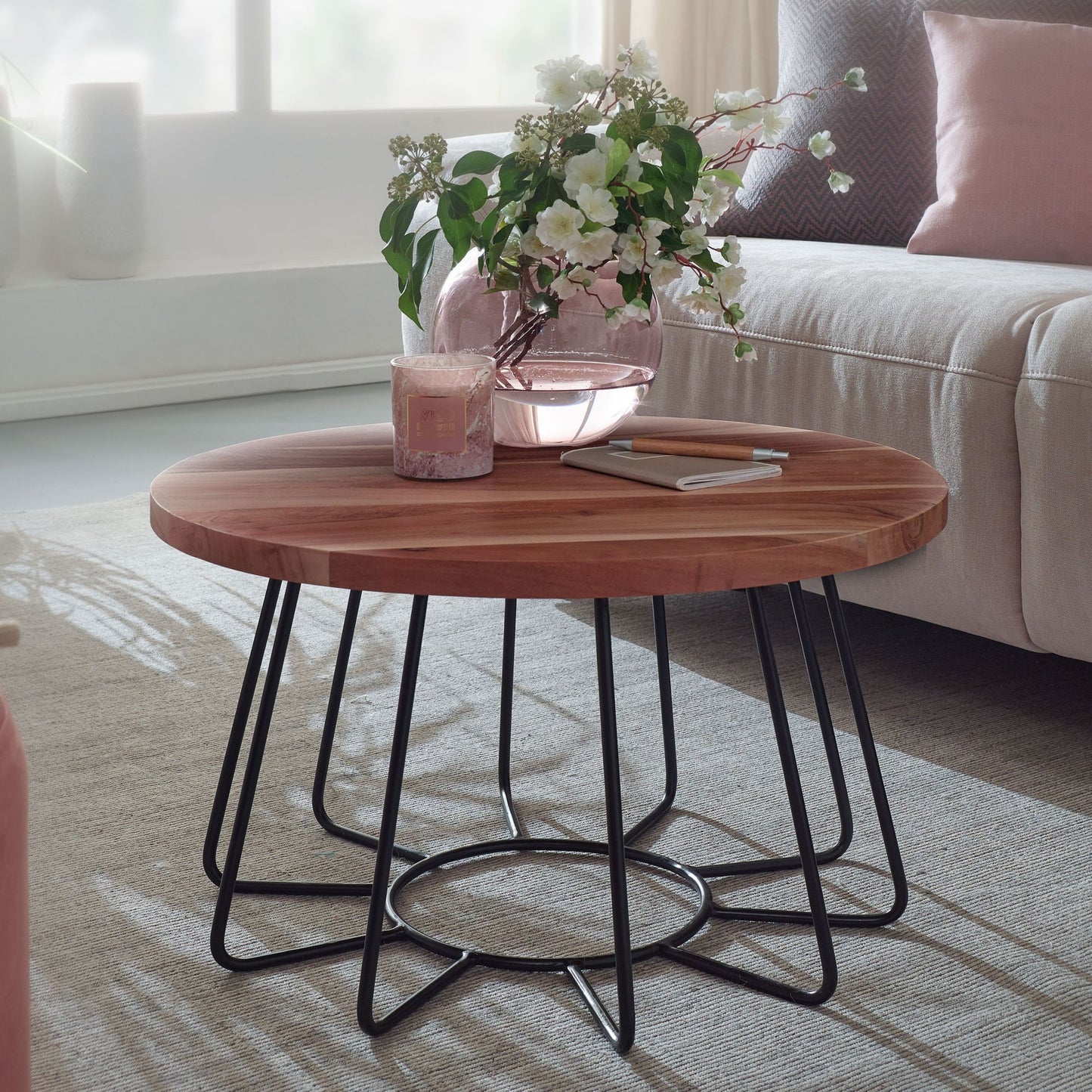 Nancy's Holyoke Salontafel - Massief Houten Tafel - Acaciahout - Rond - Bijzettafel - 60 cm - RVS - Bruin