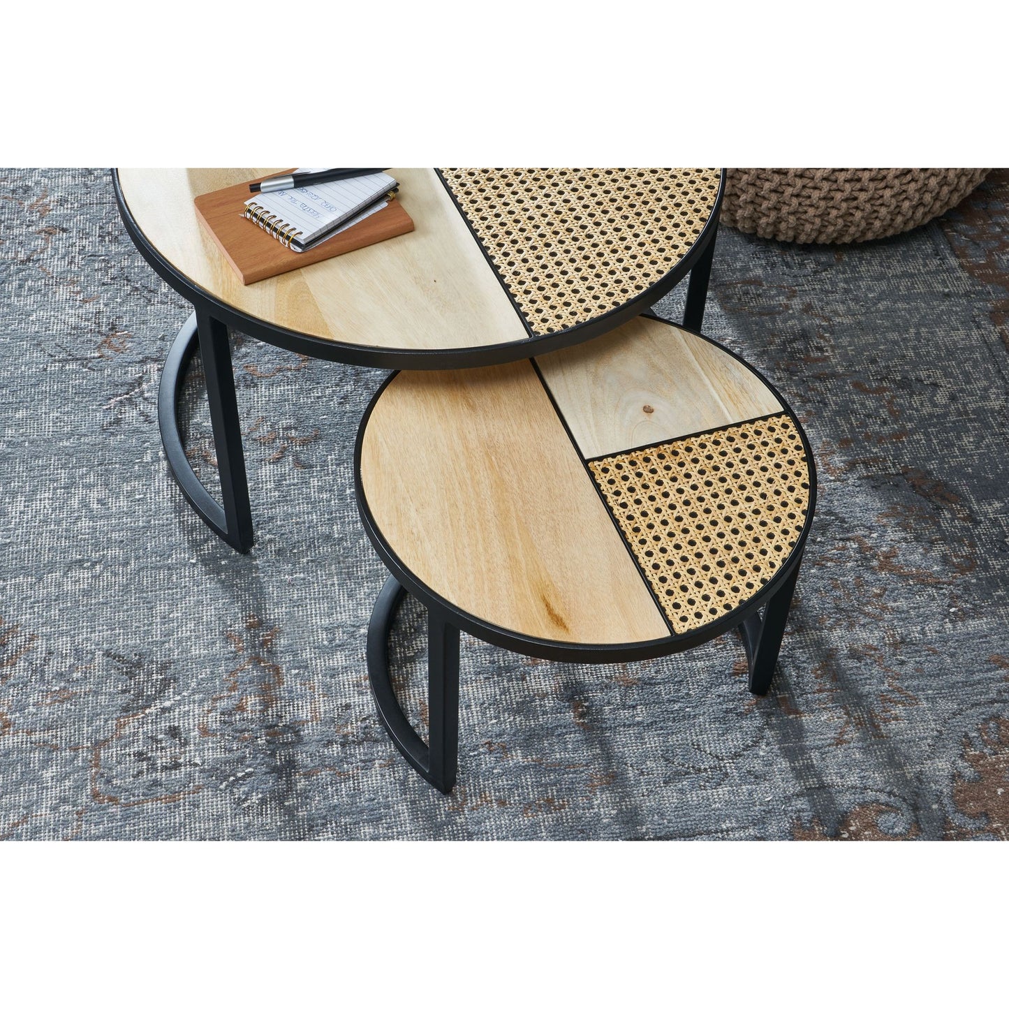 Nancy's Coalgate Salontafel Set - Koffietafels - Set Van 2 - Bijzettafels - Massief Mangohout / Rotan / Staal