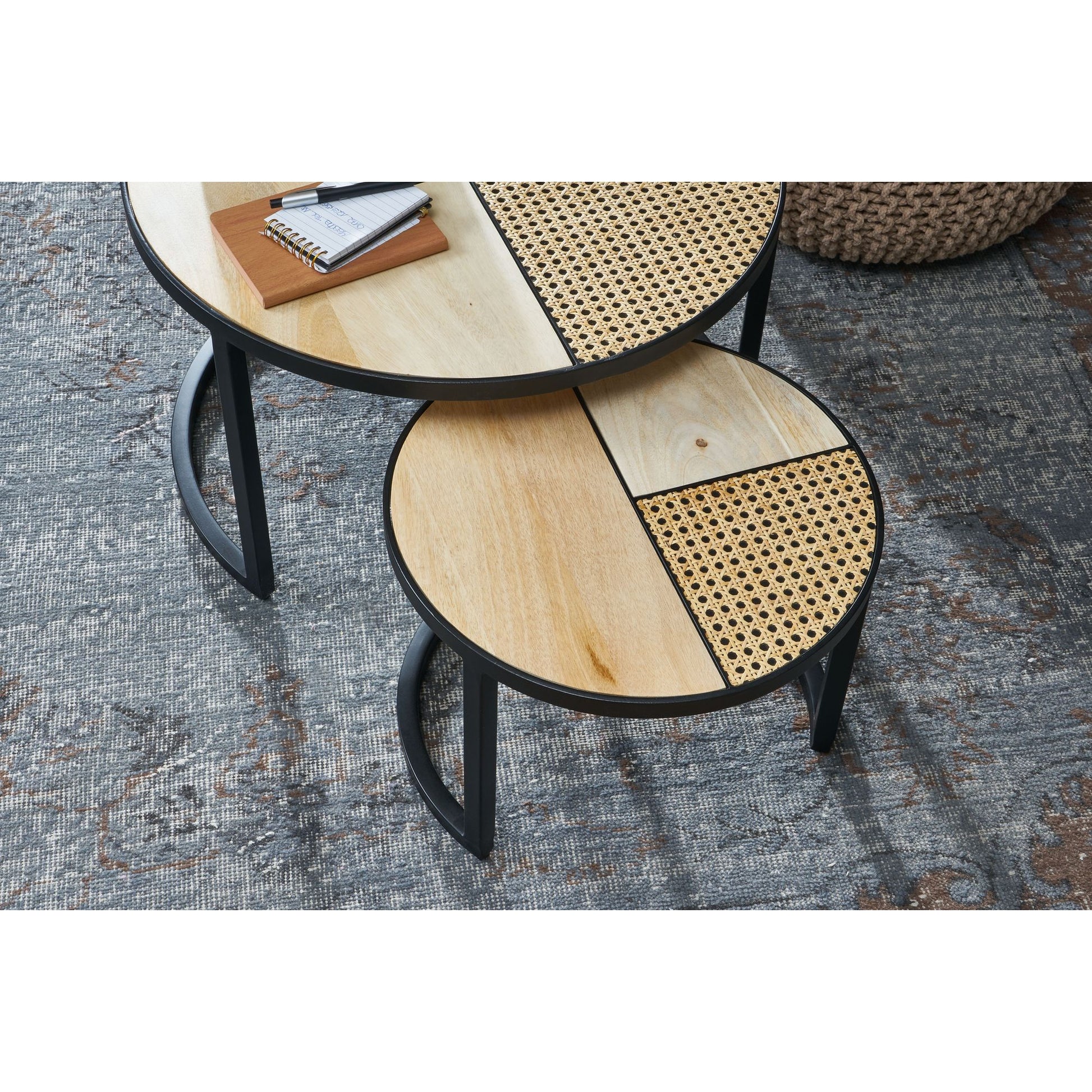 Nancy's Coalgate Salontafel Set - Koffietafels - Set Van 2 - Bijzettafels - Massief Mangohout / Rotan / Staal