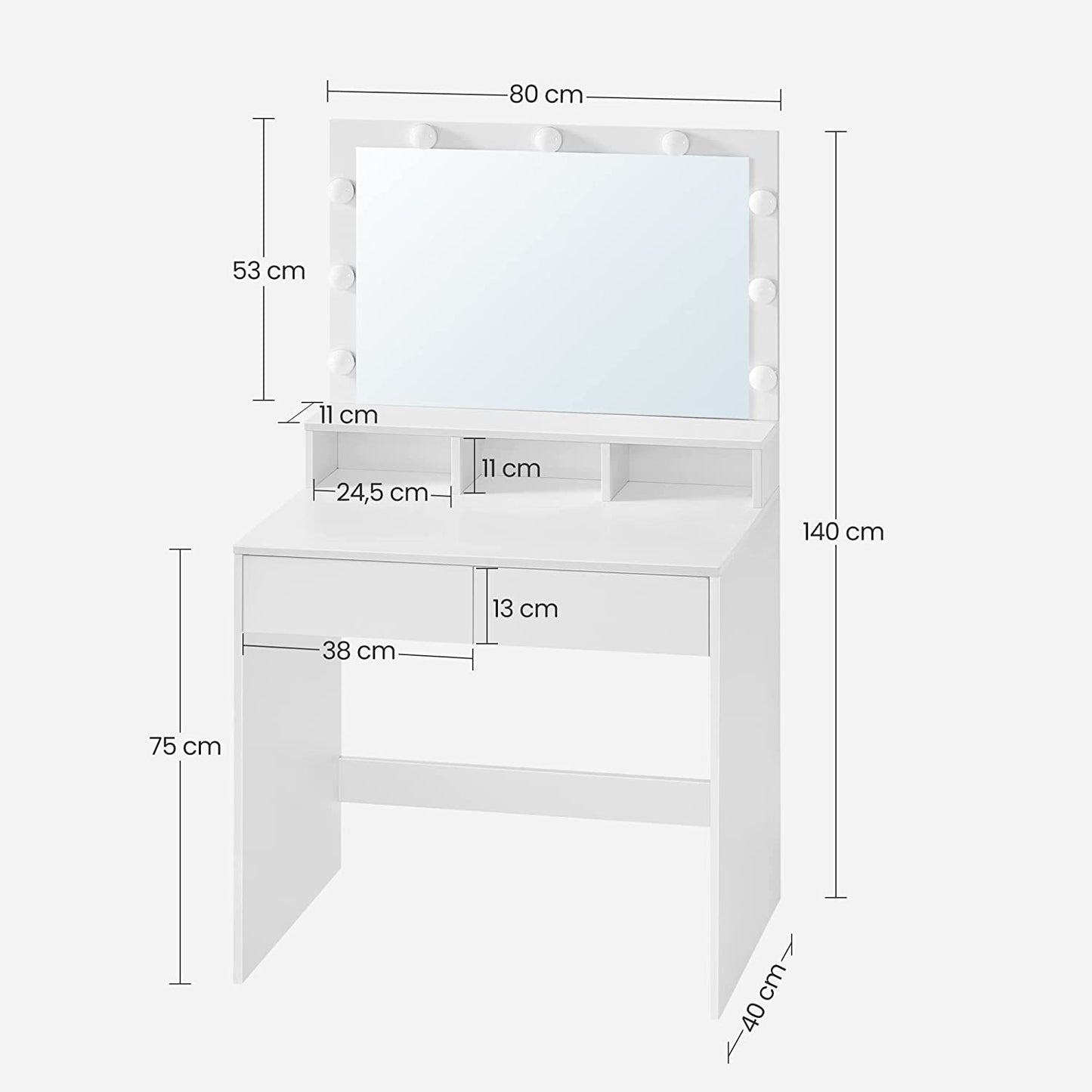 Nancy's Bungays Brook Coiffeuse avec lampes LED - Table de maquillage - Moderne - Blanc - 80 x 40 x 140 cm