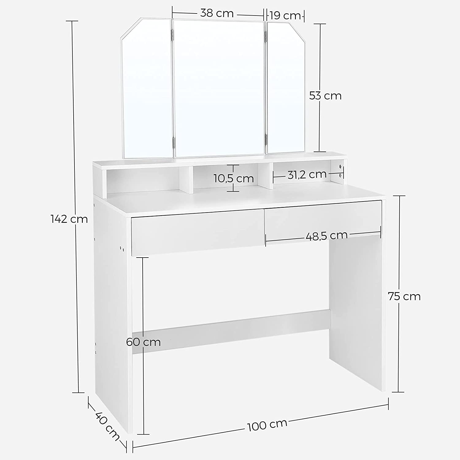 Nancy's Bryants Corner Make-up Tafel met Spiegel - Kaptafel - Beauty Tafel - Wit - ± 100 x 40 x 140 cm