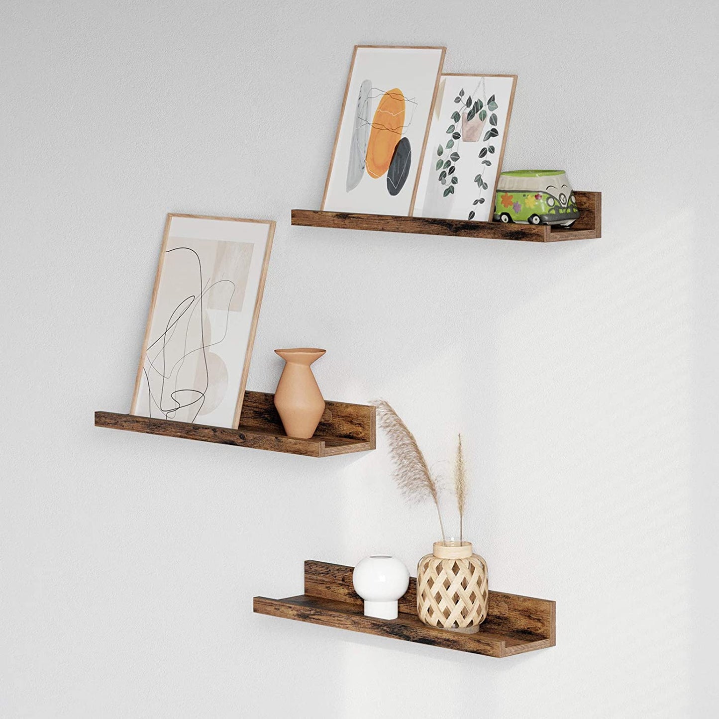 Nancy's Wandplank Industrieel Hout - Set van 3 - Zwevend - Wandplanken - Industrieel - Spaanplaat - Lengte 38 cm - Vintage bruin
