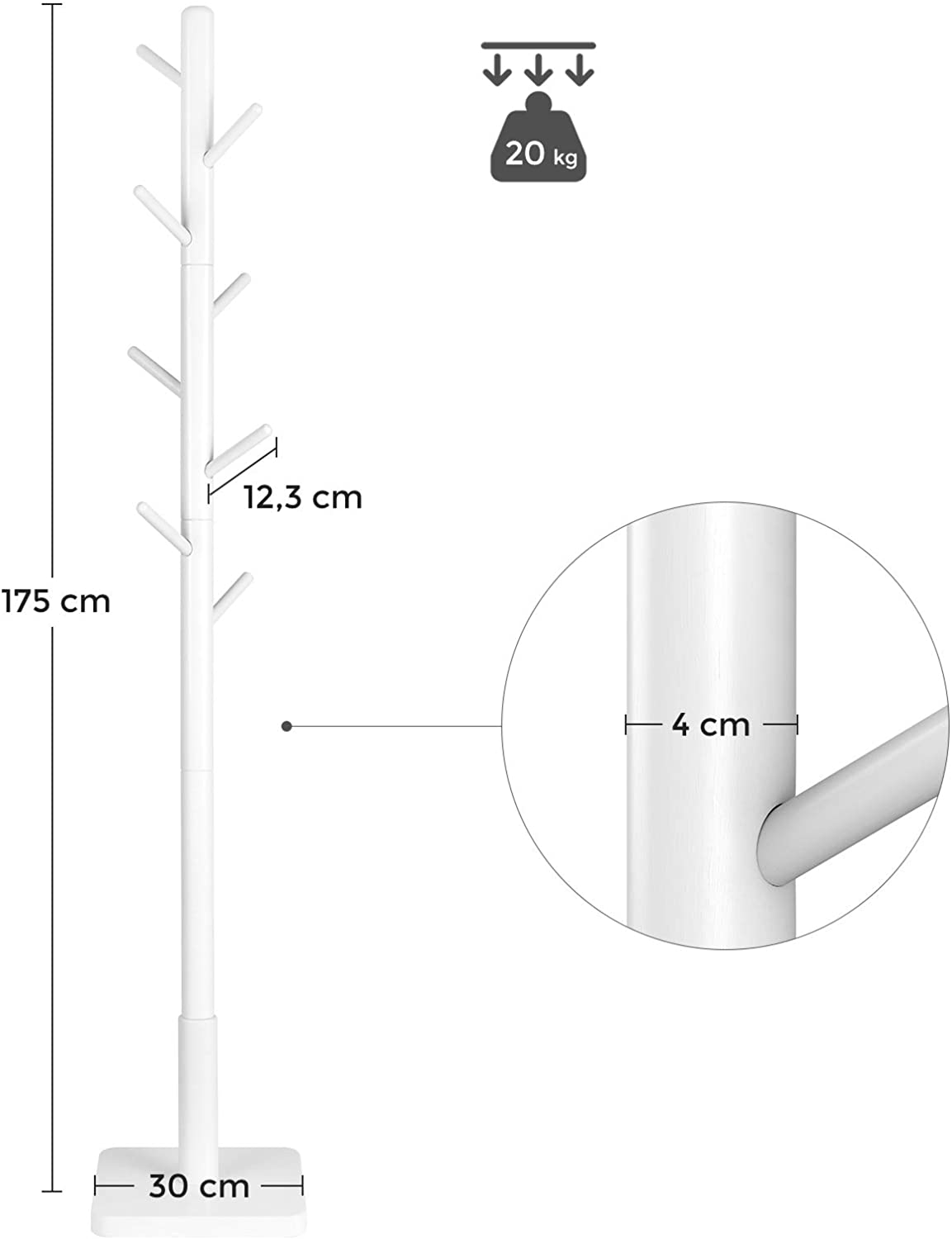 Nancy's Caxton Staande Kapstok - Kledingrek - Garderobe - 8 Haken - Wit - Rubberhout