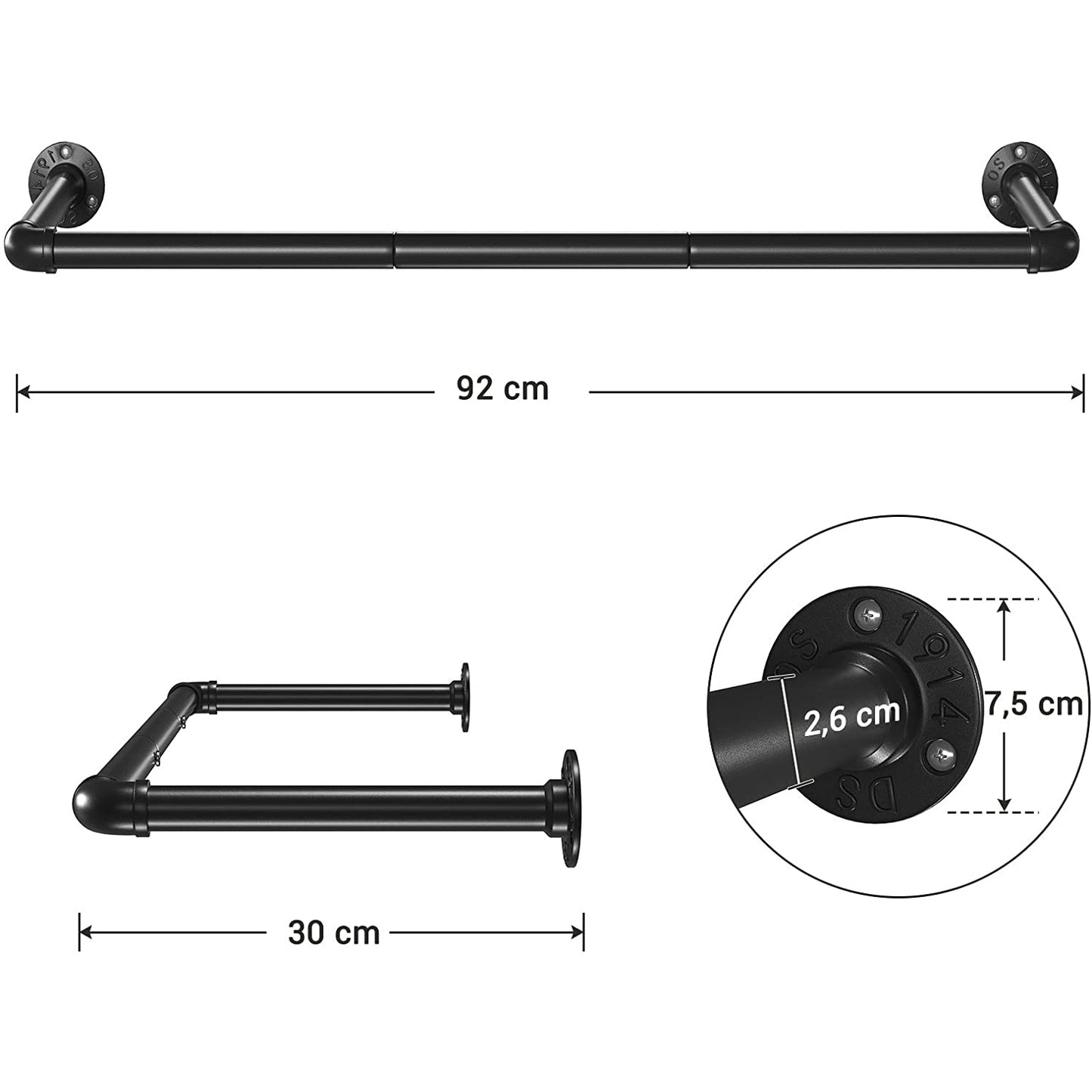 Nancy's Foul Bight Kledingrek - Set Van 2 - Wandmontage - 2 Stangen - Zwart - Metaal - 92 x 30 x 7.5 cm