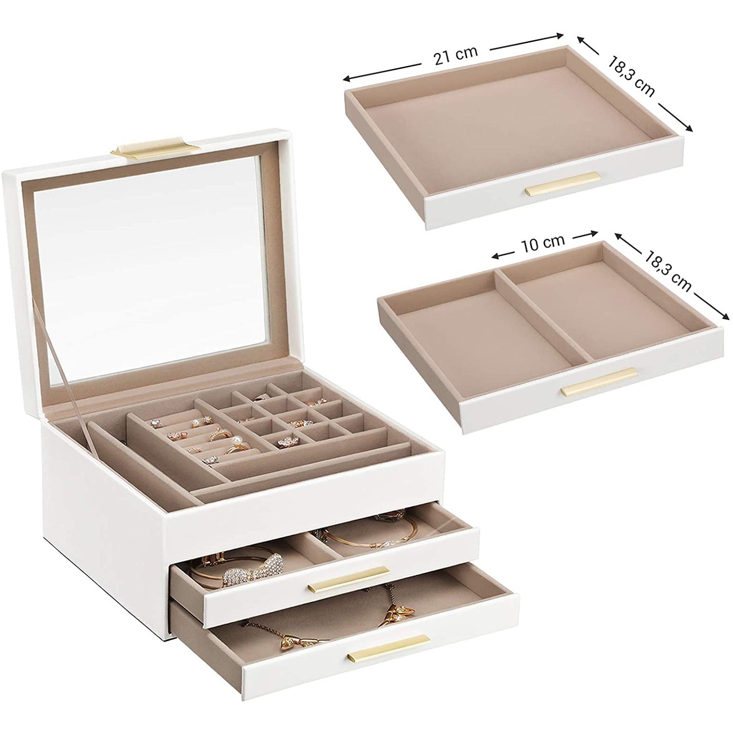 Nancy's Brewster Sieradendoos - Juwelendoos - Glas - 3 Niveaus - 2 Lades - Wit - 23,1 x 20,3 x 13,5 cm