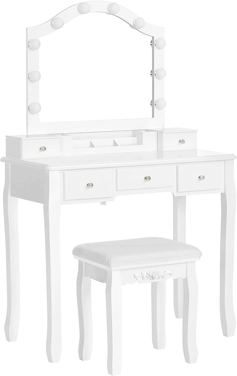 Nancy's Gonthier Kaptafelset - Make-Up Tafel - Krukje - Spiegel - Verlichting - Opbergbox - 6 Vakken - 5 Lades - Wit - Bewerkt Hout - 80 x 40 x 139 cm