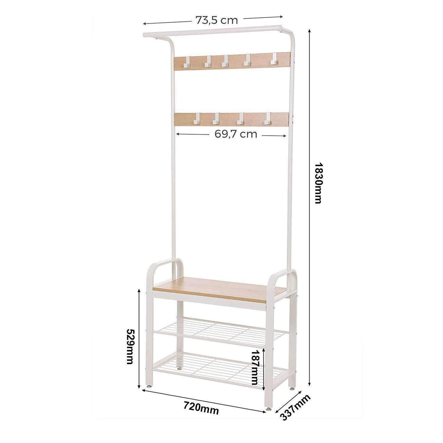 Nancy's Staand Garderoberek met Kapstok - Schoenenrek en Bank - Vintage Industrieel - Kapstokken - Beige / Wit - 72 x 33,7 x 183 cm