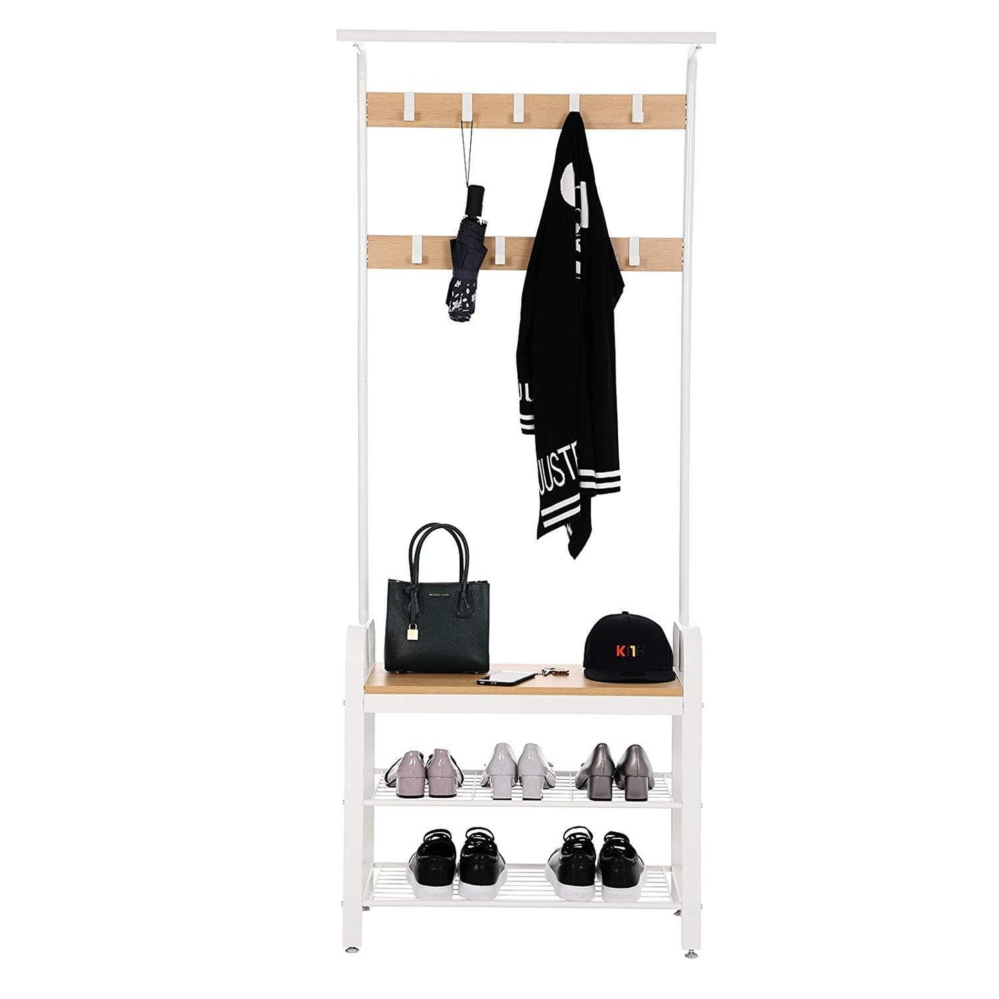 Nancy's Standing Wardrobe Rack with Coat Rack - Shoe Rack and Bench - Vintage Industrial - Coat Racks - Beige / White - 72 x 33.7 x 183 cm