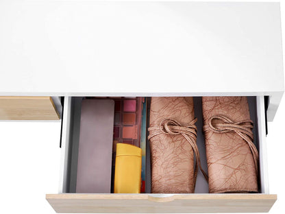 Nancy's Goobies Kaptafel - Cosmeticatafel - 4 Lades - 2 Open Vakken - Spiegel - Kruk - Modern - Wit - Beige - MDF - Rubberhout - 90 x 40 x 137,5 cm