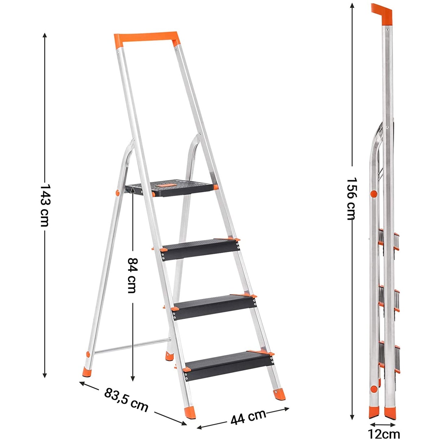 Nancy's Caintown Ladder - 4 Treden - Aluminium - Trapladder - Gereedschapsbakje - Anti-Slip - Zwart - Oranje - 44 x 11,5 x 156 cm