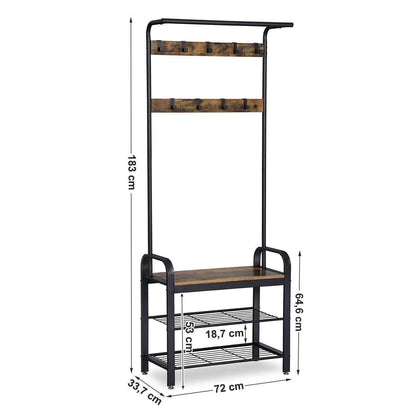 Nancy's Westburry Staand Garderoberek met Kapstok - Schoenenrek en Zitbank - Vintage Industrieel - Kapstokken - Bruin / Zwart - 72 x 33,7 x 183 cm