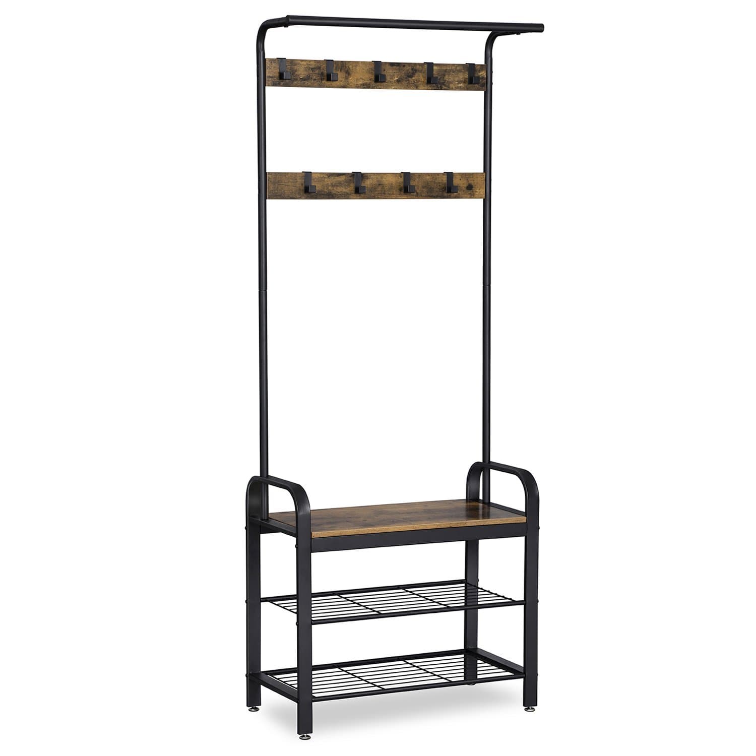 Nancy's Westburry Staand Garderoberek - Kapstok - Schoenenrek en Zitbank - Vintage Bruin / Zwart - ± 70 x 35 x 185 cm