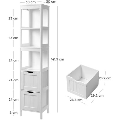 Nancy's Blanding Storage Cabinet - Bathroom Cabinet - 2 Drawers - 3 Open Compartments - 30 x 30 x 141.5 cm - White 