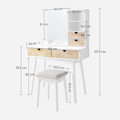 Nancy's Goobies Kaptafel - Cosmeticatafel - 4 Lades - 2 Open Vakken - Spiegel - Kruk - Modern - Wit - Beige - MDF - Rubberhout - 90 x 40 x 137,5 cm