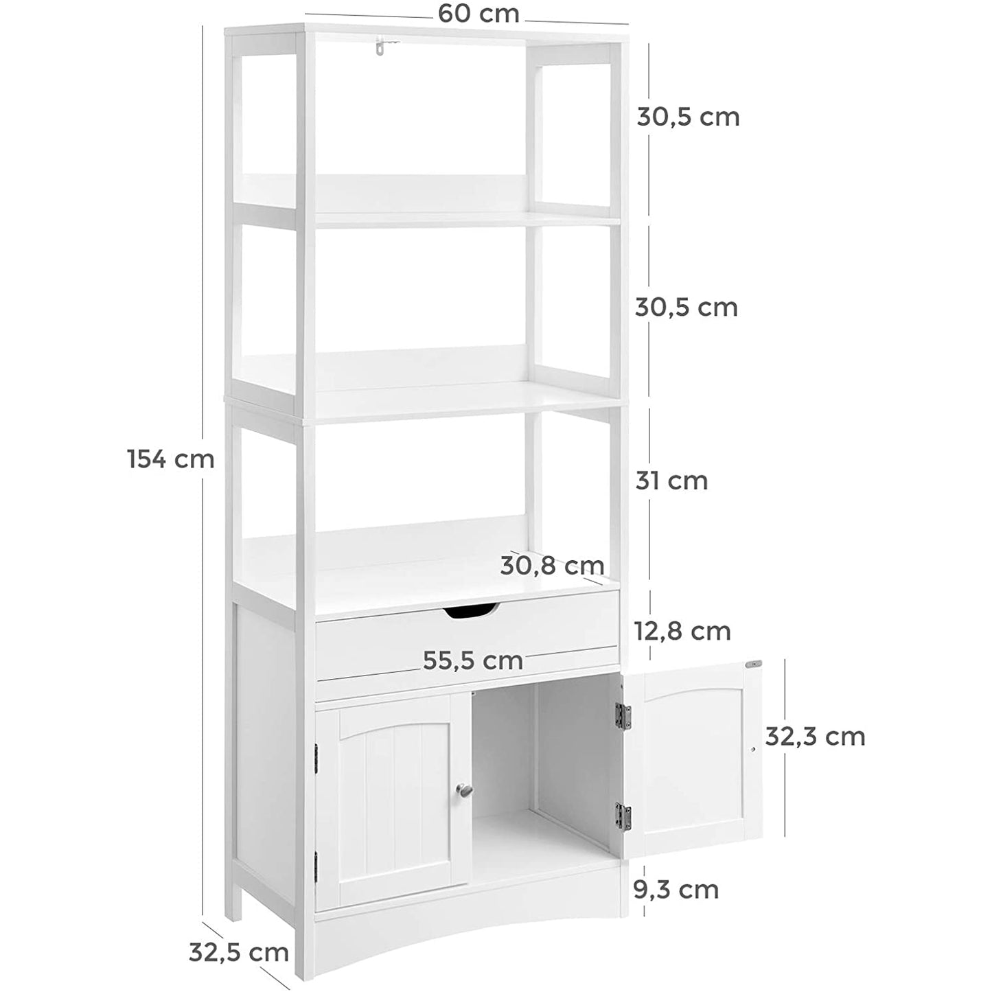 Nancy's Camlachie Opbergkast - Hoge Kast - Badkamerkast - 3 Open Vakken - 1 Lade - 2 Deuren - Wit - 60 x 32,5 x 154 cm