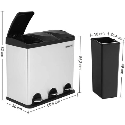 Nancy's Beeville 54L Prullenbak - Pedaalemmer - 3 Binnenbakken - Afvalscheiding - Wit-Zwart