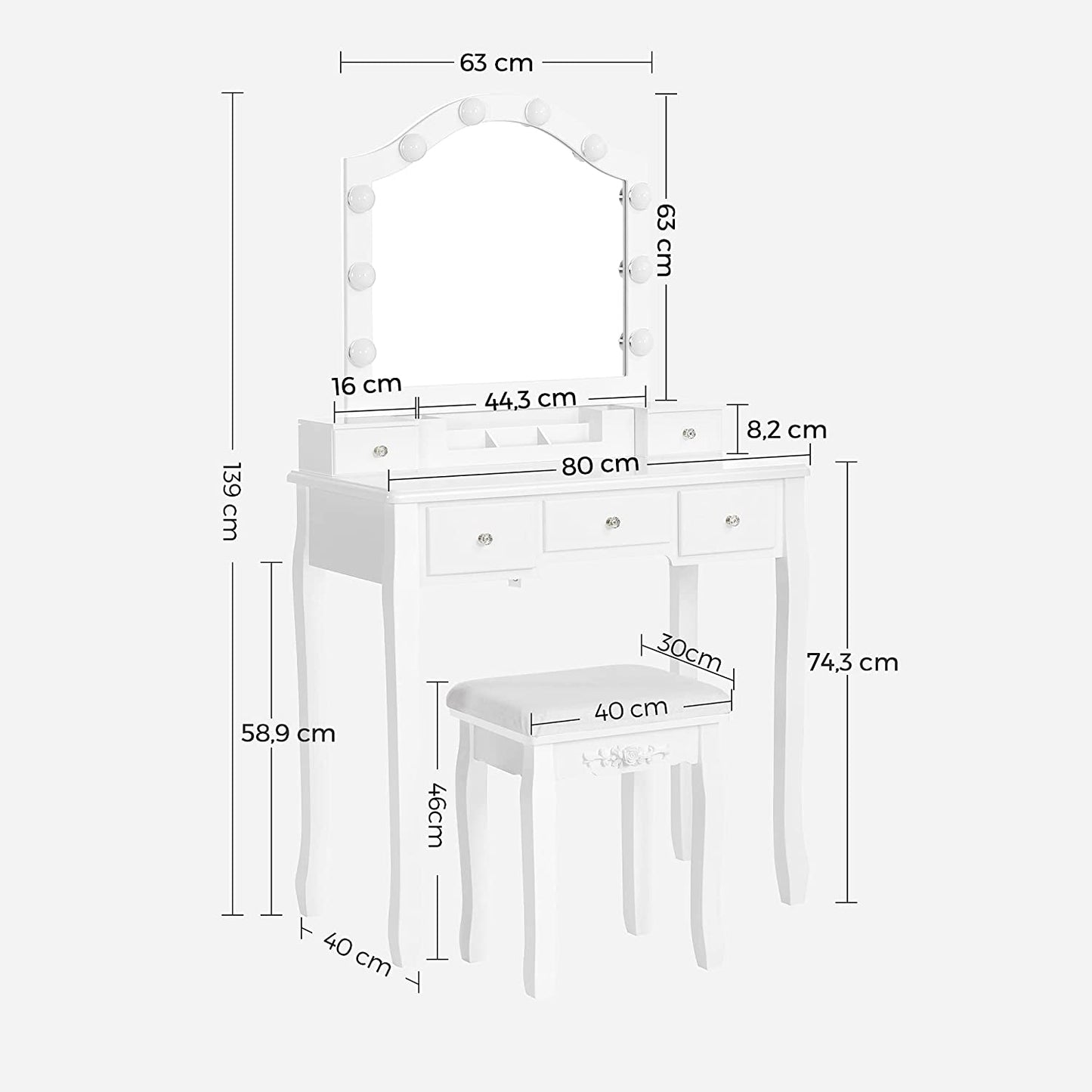 Nancy's Gonthier Kaptafelset - Make-Up Tafel - Krukje - Spiegel - Verlichting - Opbergbox - 6 Vakken - 5 Lades - Wit - Bewerkt Hout - 80 x 40 x 139 cm