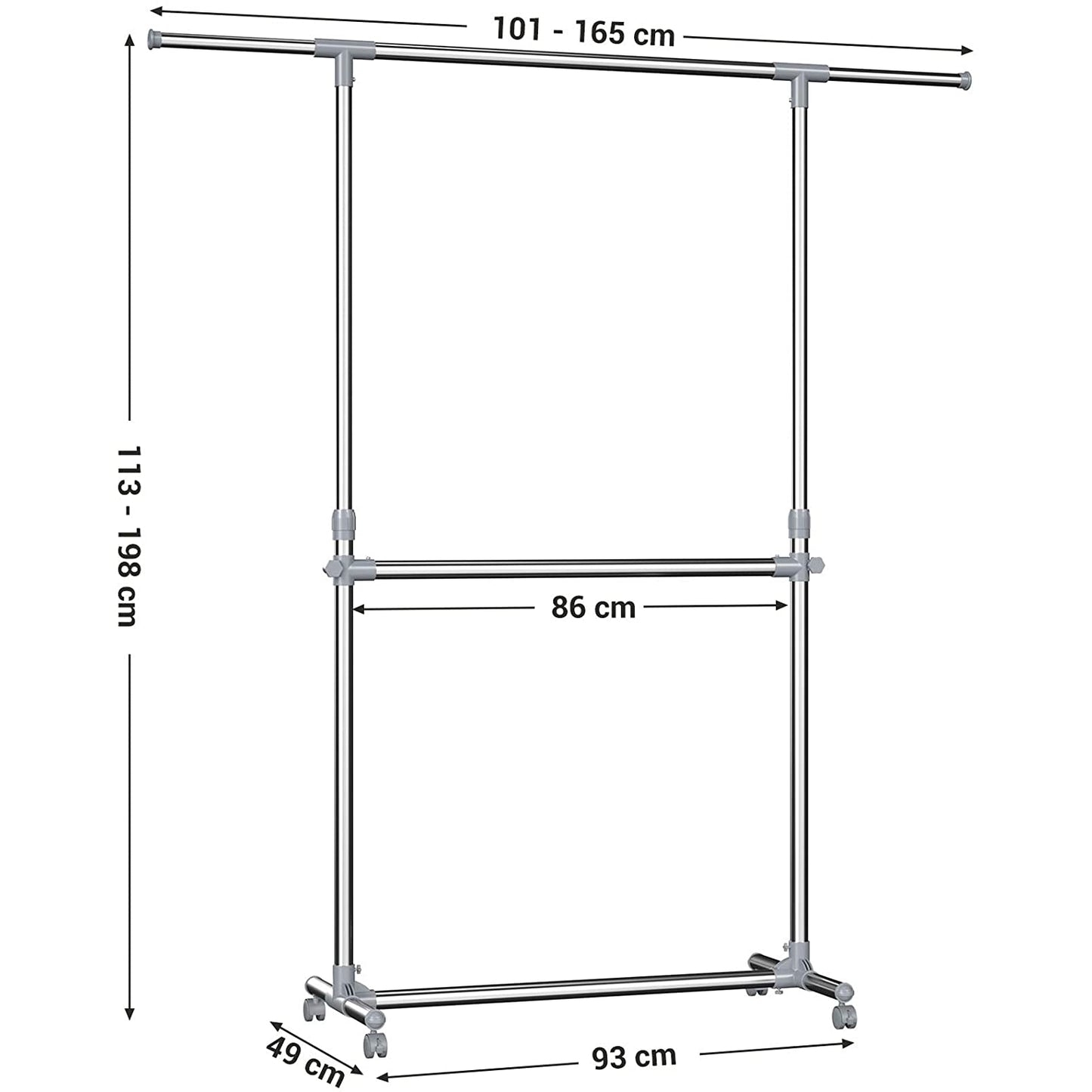 Portant à vêtements de Nancy - Portant à vêtements debout à 2 niveaux, réglable en hauteur et en largeur - Support de rangement pour vêtements avec roulettes - Portant à vêtements mobile avec 2 tringles