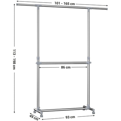 Portant à vêtements de Nancy - Portant à vêtements debout à 2 niveaux, réglable en hauteur et en largeur - Support de rangement pour vêtements avec roulettes - Portant à vêtements mobile avec 2 tringles