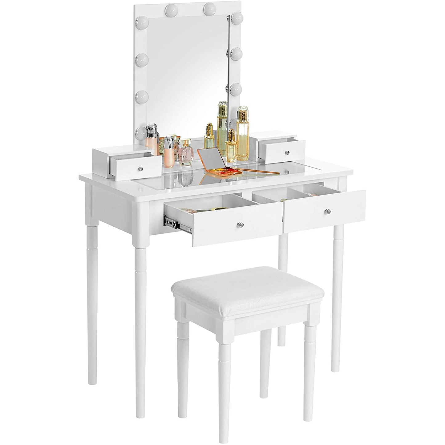 Nancy's Neenah Kaptafelset - Gewatteerdee Kruk - 10 Dimbare Lampen - 4 Lades - Transparant Tafelblad - Wit