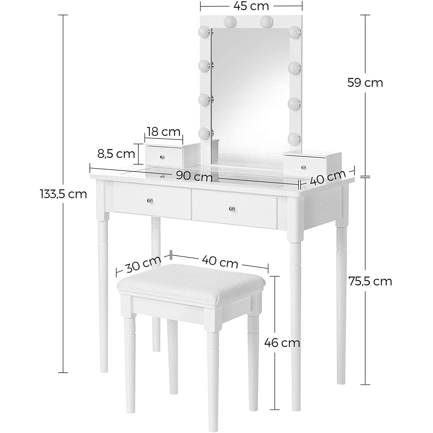Ensemble de coiffeuse Neenah de Nancy - Tabouret rembourré - 10 lampes à intensité variable - 4 tiroirs - Plateau de table transparent - Blanc