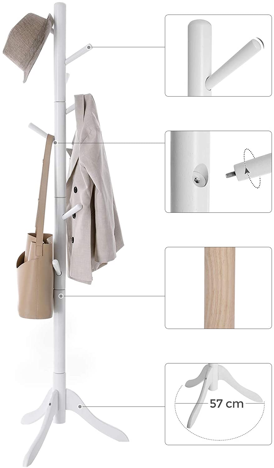 Nancy's Cazaville Kapstok - Boomvormig - Vrijstaand - 8 Haken - Massief Hout - Rubberhout - Wit - ‎57 x 57 x 177 cm