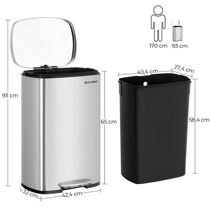 Nancy's Greenland Trash Can - Pedal bin - 50L - Steel - Inner bin - Airtight - Waterproof - Silver - 42.4 x 32 x 65 cm 