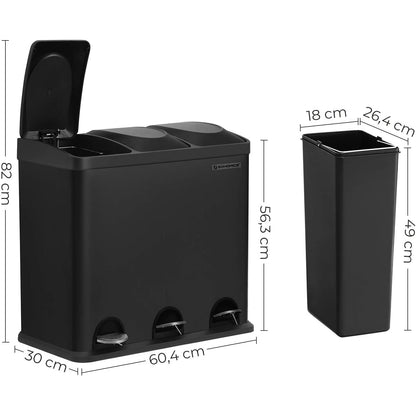 Poubelle Nancy's 54l - 3 compartiments - Système de tri des déchets - Noir - 60,4 x 30 x 56,3 cm