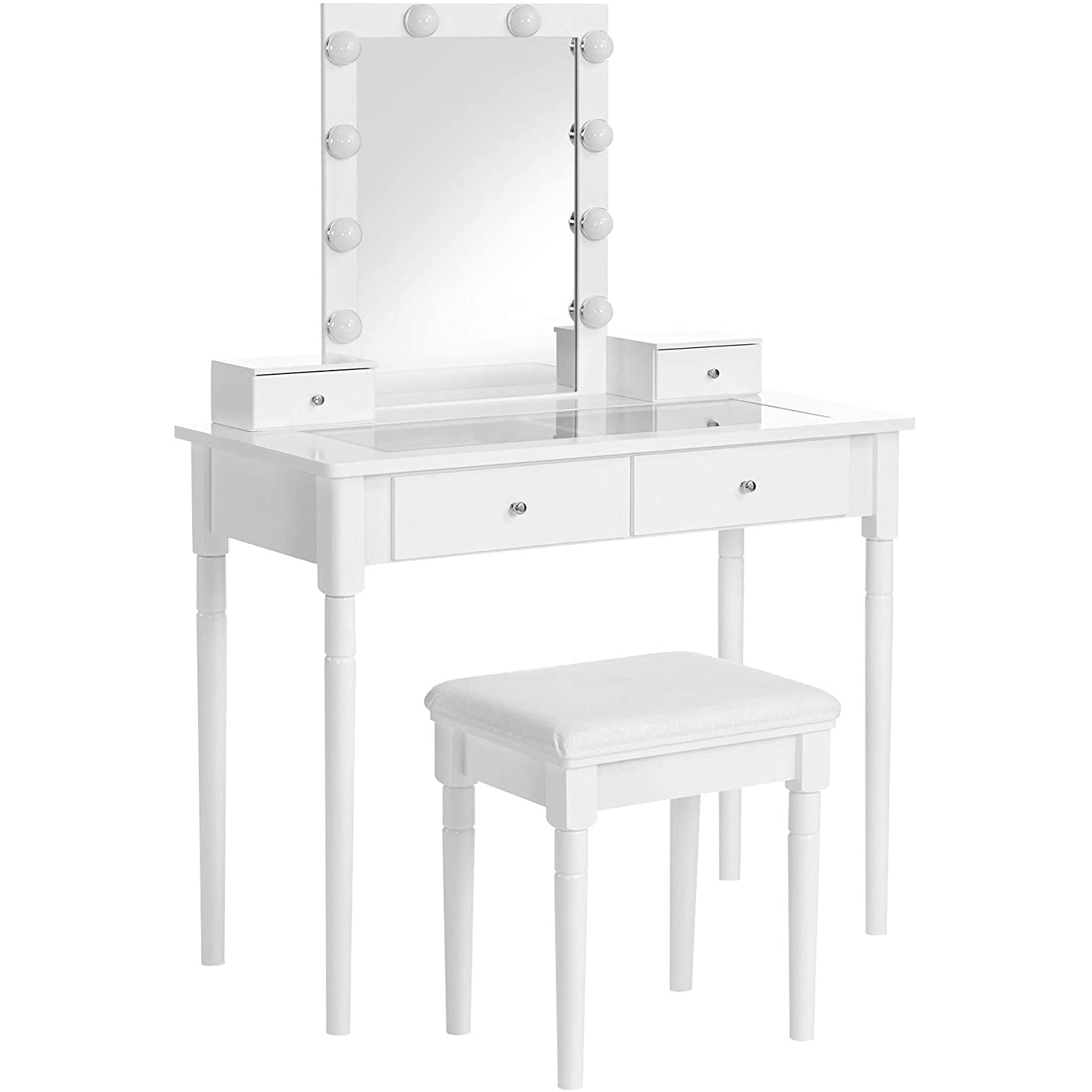 Nancy's Neenah Dressing Table Set - Padded Stool - 10 Dimmable Lamps - 4 Drawers - Transparent Table Top - White