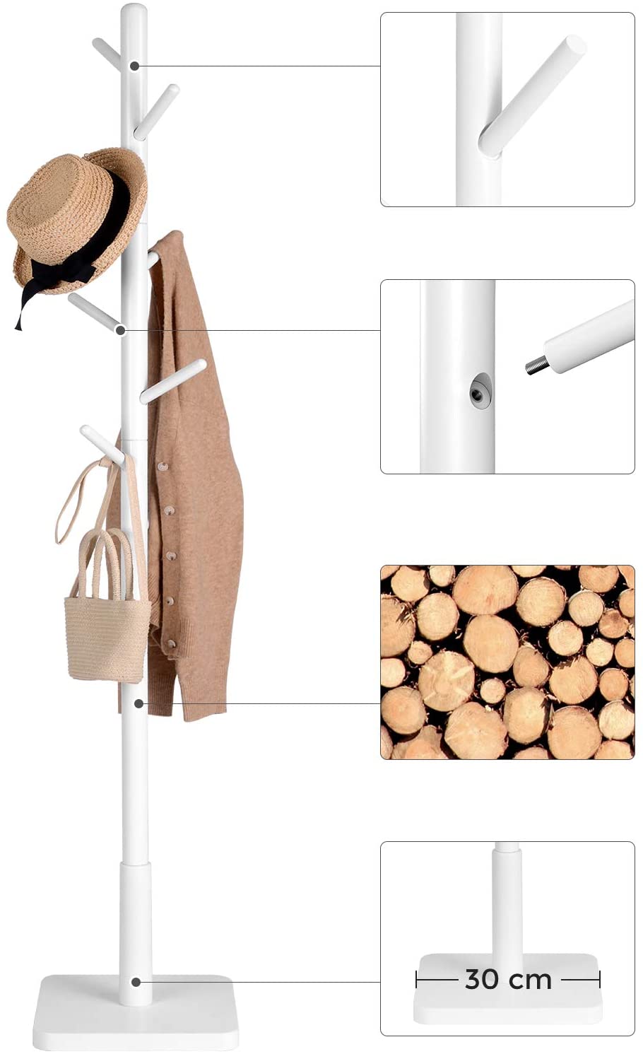 Nancy's Caxton Staande Kapstok - Kledingrek - Garderobe - 8 Haken - Wit - Rubberhout