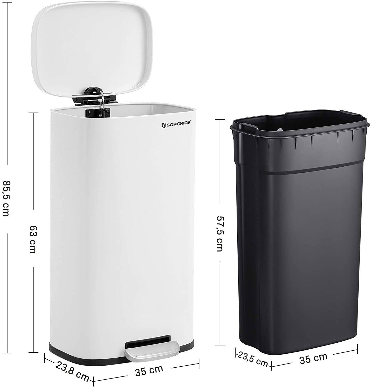 Nancy's Hawker Trash Can - 30L - Pedal bin - Waste bin - Inner bin - Hinged lid - Soft close - White - 35 x 23.8 x 63 cm 