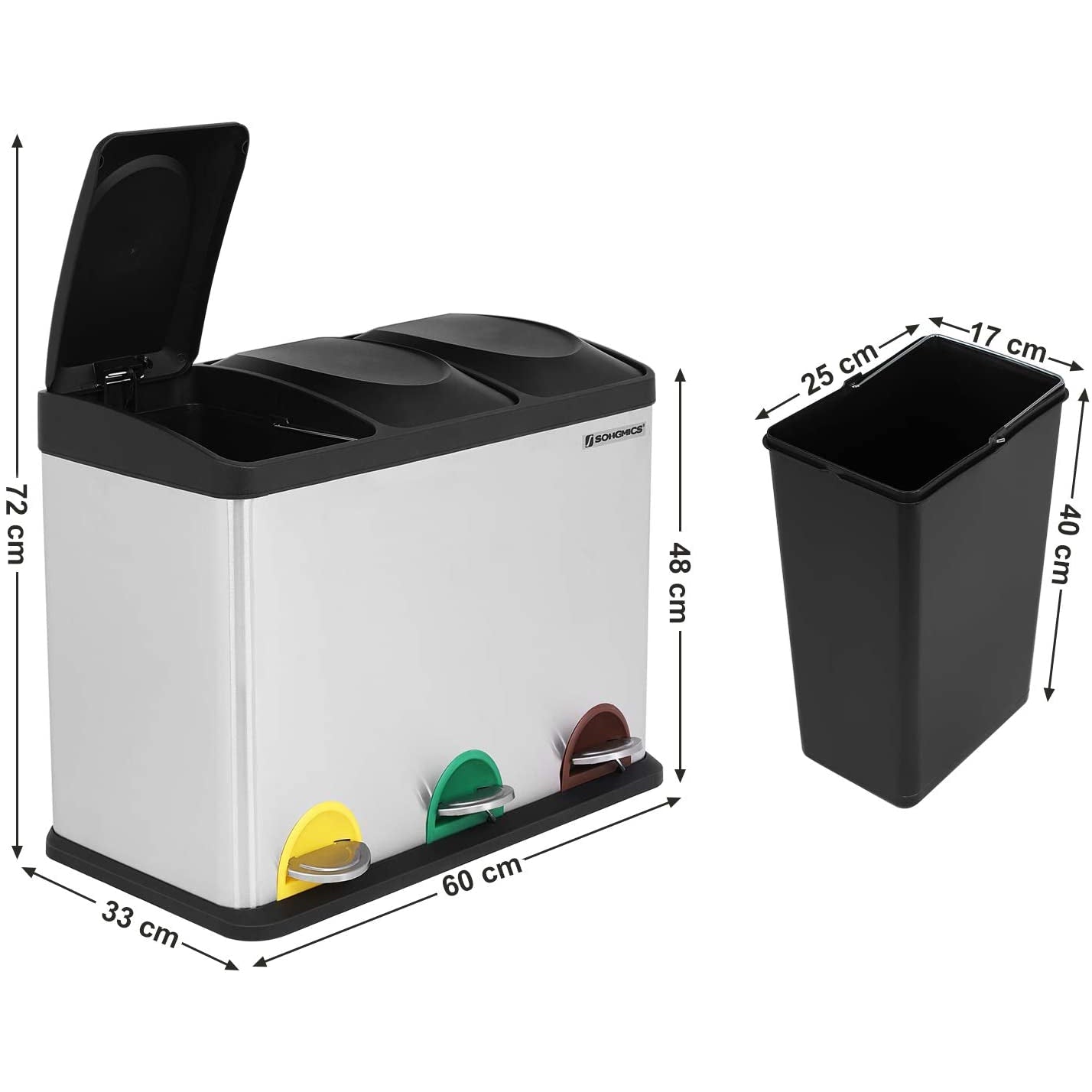 Poubelle Triple Poubelle Nancy's Inox - Poubelle à pédale - 3x 15L - Poubelles de tri sélectif