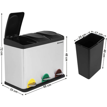 Poubelle Triple Poubelle Nancy's Inox - Poubelle à pédale - 3x 15L - Poubelles de tri sélectif