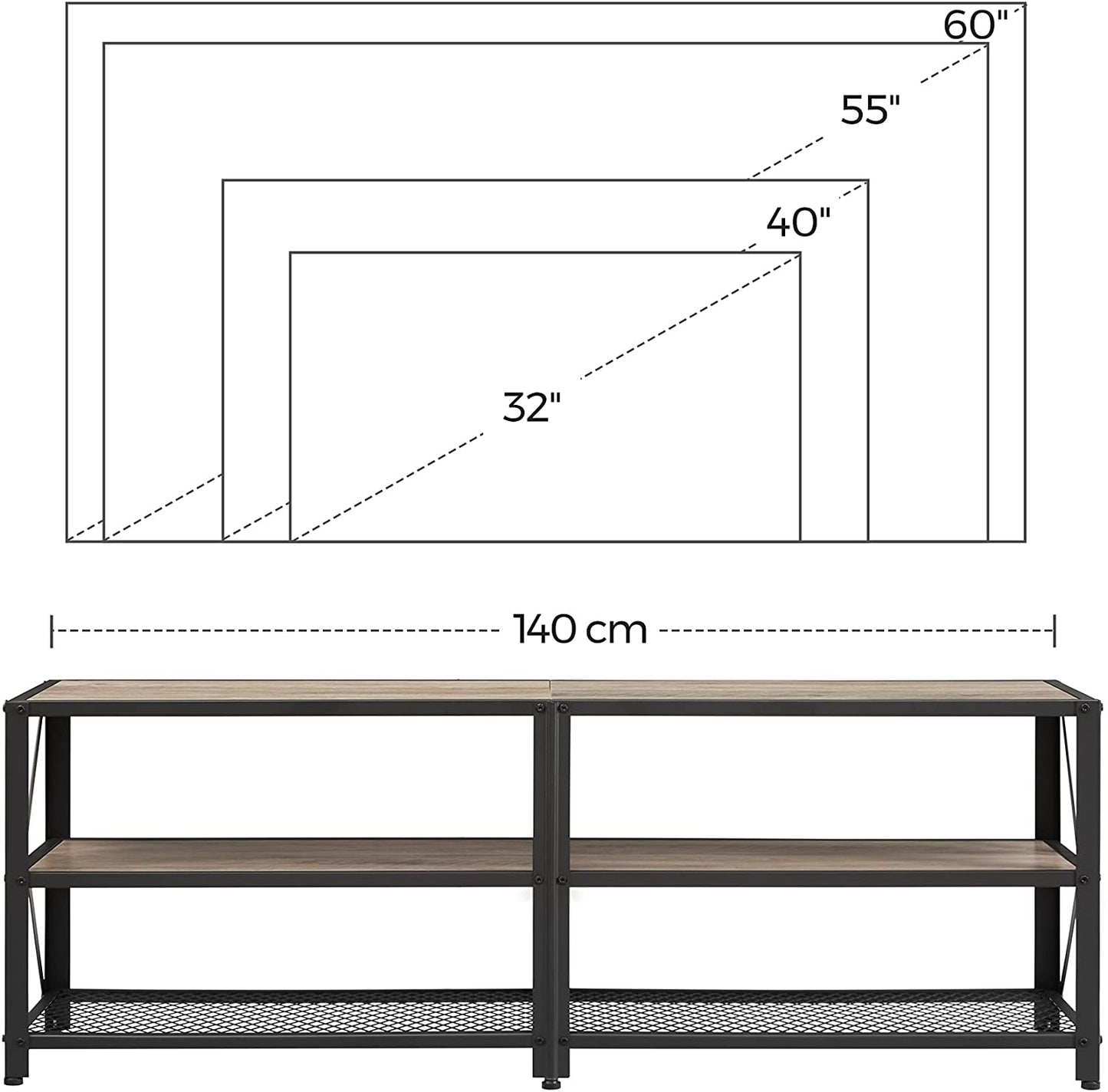 Nancy's Hawkshaw TV Meubel - TV Kast - Lowboard - Opbergruimte - Open Vakken - Tot 60/70 Inch - Staal - Bewerkt Hout - Natuurlijk - Grijs - 140/60 x 39,2 x 50 cm