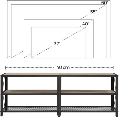 Nancy's Hawkshaw TV Meubel - TV Kast - Lowboard - Opbergruimte - Open Vakken - Tot 60/70 Inch - Staal - Bewerkt Hout - Natuurlijk - Grijs - 140/60 x 39,2 x 50 cm