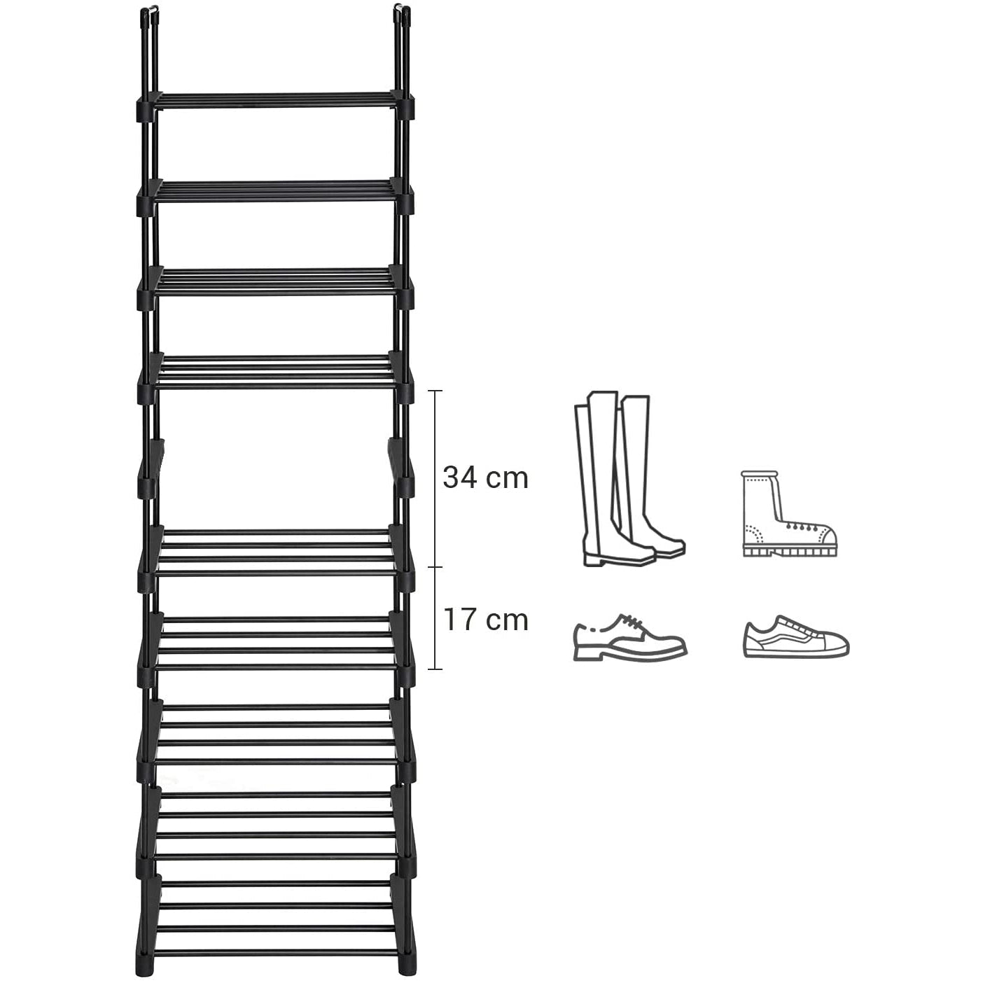 Nancy's Elkhart Opbergrek - 10 Niveaus - Schoenenkast - Schoenenrek - 45 x 30 x 174 cm - Zwart