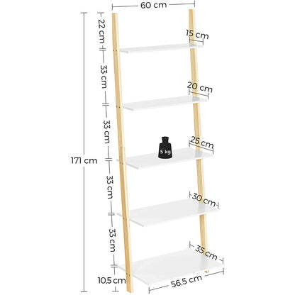 Nancy's Oxford Ladderkast - Boekenkast - Ladderplank - 5 Niveaus - 60 x 35 x 171 cm - Massief Houten Frame - Mat Wit - Natuurlijk