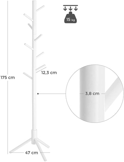 Nancy's Cavignac Kapstok - Vrijstaand - Kledingstandaard - Massief Hout - 8 Haken - Boomvormig - Grijs/Wit - 47 x 47 x 175 cm