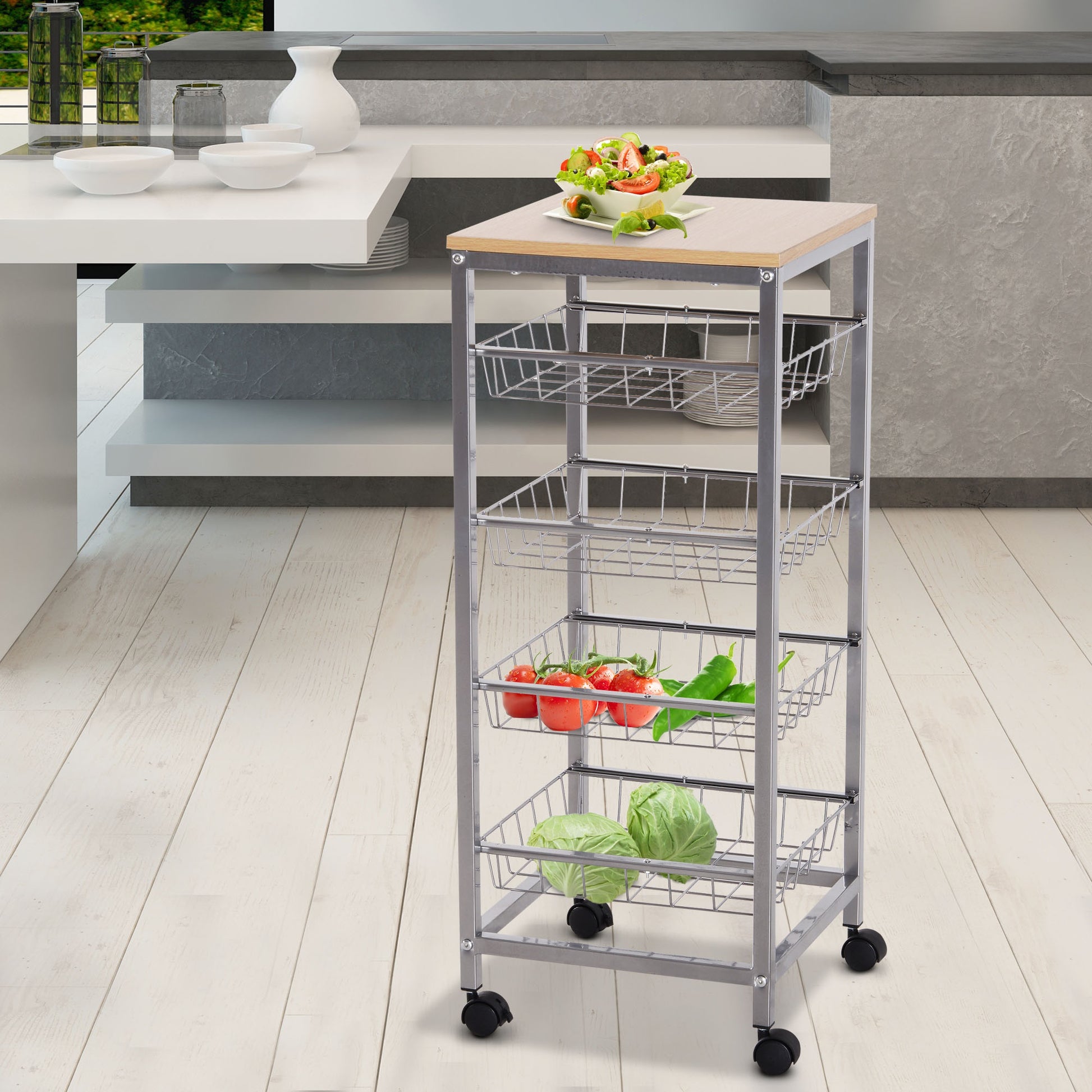Nancy's Sandusky Keukentrolley - Keukenwagen - Serveerwagen - 4 -Laags - Draadmanden - 36.5 x 36.5 x 89 cm - Staal - MDF -