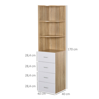 Nancy's Defiance Boekenkast - 3 Niveaus - 4 Lades - Bewerkt Hout - Melamine - 40 x 40 x 170 cm - Naturel - Wit