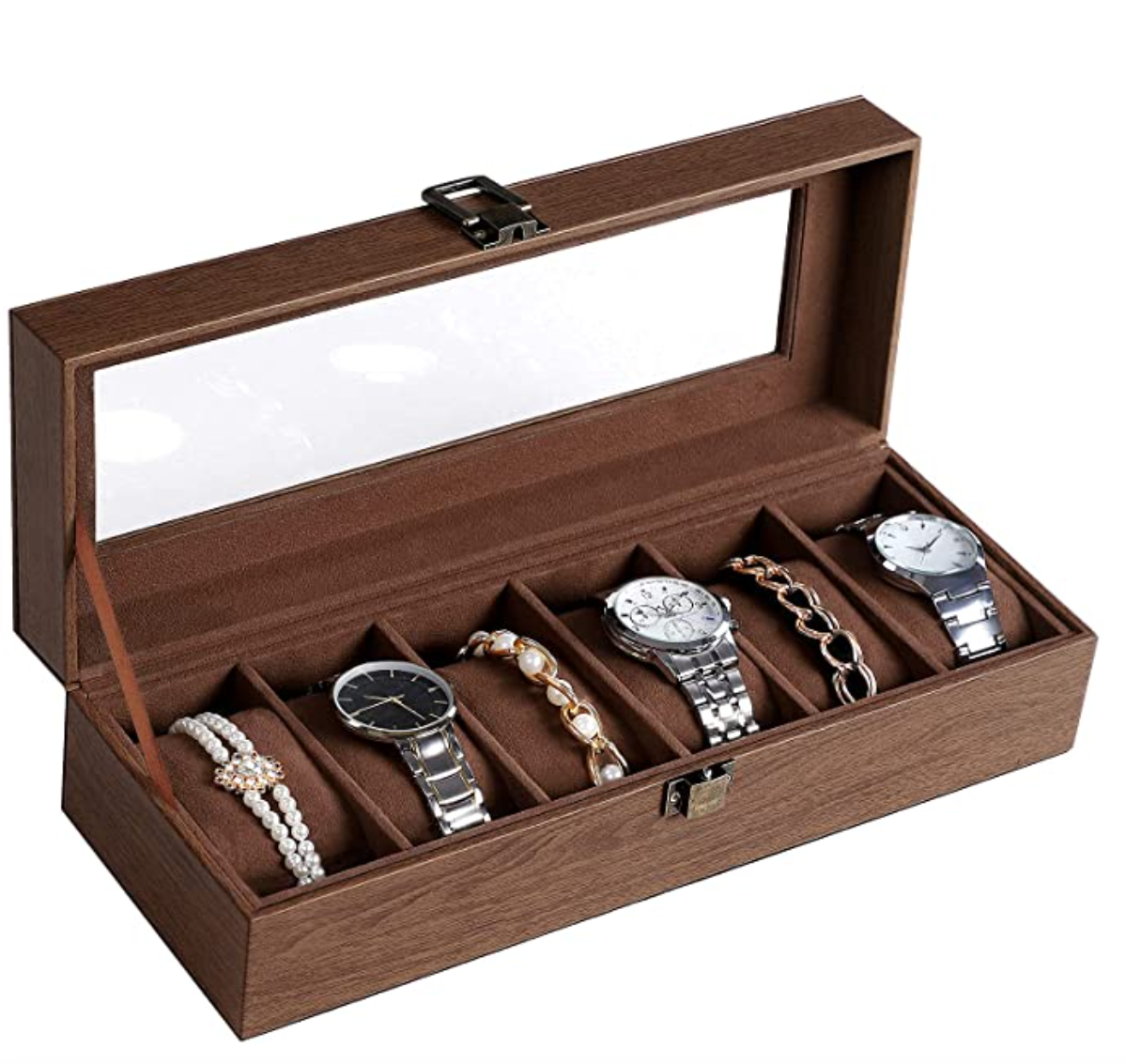Nancy’s Brimley Horlogodoos - Horlogekoffer - Horloge Opbergen - met 6 Vakken - Langwerpig - Klassiek - Bruin - 30 x 11 x 8 cm