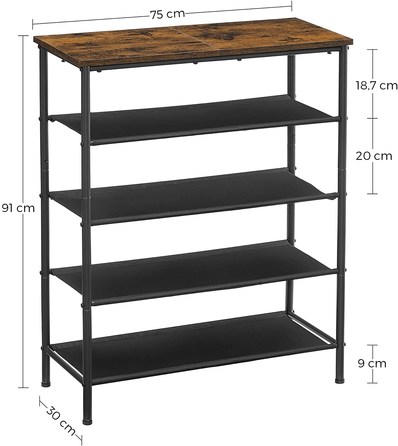 Nancy’s Waldemar Schoenenrek - Schoenstandaard - Schoenenplank - met 4 Planken - Staand - Industrieel - Bruin - 75 x 30 x 91 cm
