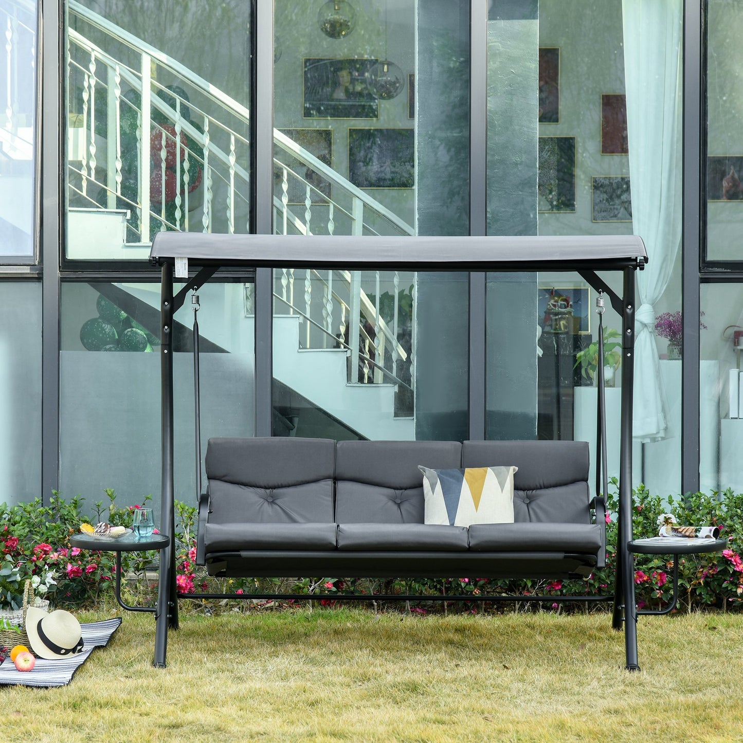 Nancy's Price Garden Swing - Steel/Polyester - 3-seater Swing Bench - Modern - Gray/Black - 278 x 125 x 177 cm