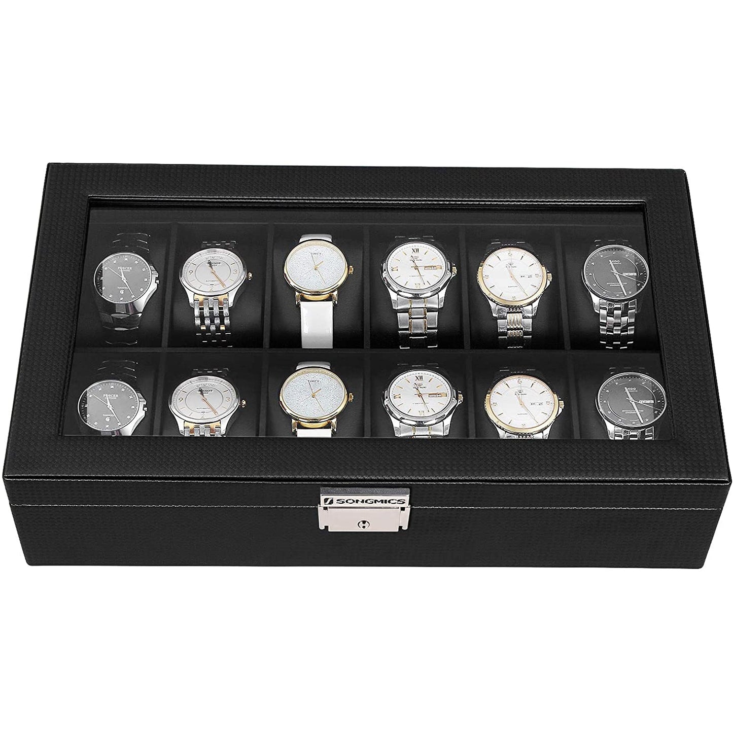 Nancy's Frank Hill Watch Box - Rangement pour montres - 12 Compartiments - Velours - PU - Boucle Métal - Noir - 36,2 X 9 X 21,3 cm
