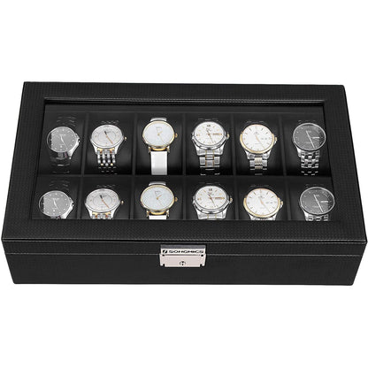 Nancy's Frank Hill Watch Box - Watch Storage - 12 Compartments - Velvet - PU - Metal Buckle - Black - 36.2 X 9 X 21.3 cm